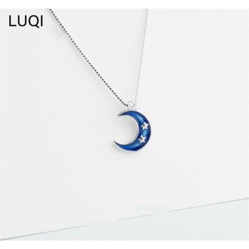 S925 silver fashion drip glaze blue crescent personality temperament necklace N079