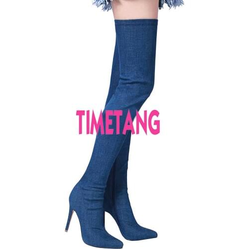 TIMETANG Trend Denim Long Boots Sexy Lady High Heel Thigh High Boot Womens Pointed Toe Zipper Over The Knee Boots Plus 35 - 44