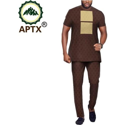 African fashion Jacquard Suit for Men Tailor Made Short Sleeves O-neck Top+Full Length Pants 100% Cotton Suit T1916013