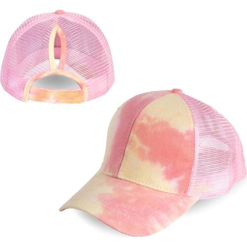 Outdoor Women Tie Dye Anti Sun Adjustable Cotton Baseball Cap Mesh Ponytail Hat For Outdoor Tie Dye Breathable Baseball Cap Hats