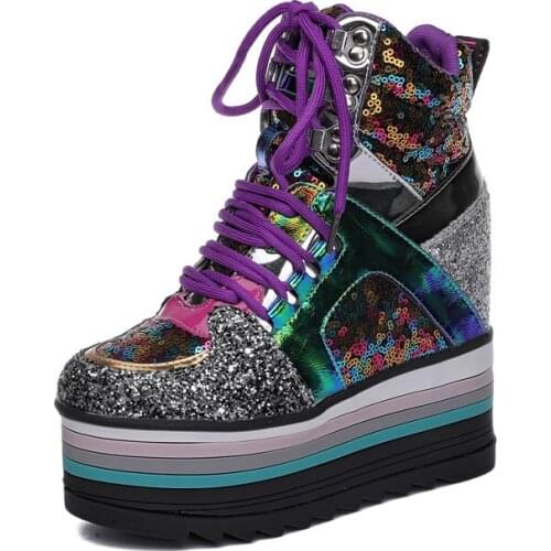 Nei heighten womens shoes 2021 new autumn and winter high-top shoes platform thick soles sequins fashion short boots 12cm