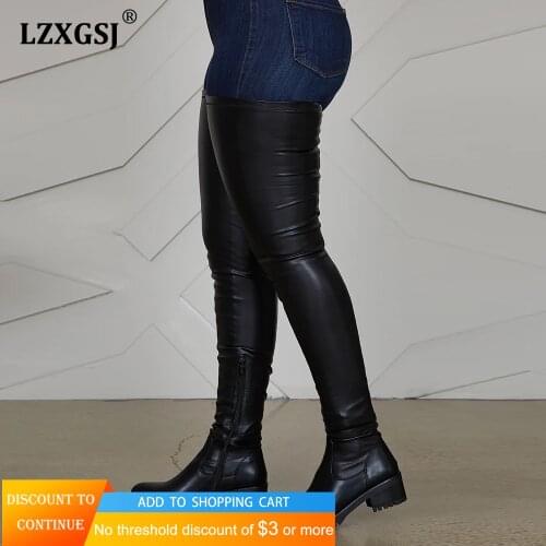 Women Spring Thigh High Boots Pu Leather Comfortable Low Heel Shoes Female Over The Knee Waterproof Boots Ladies Plus Size 43
