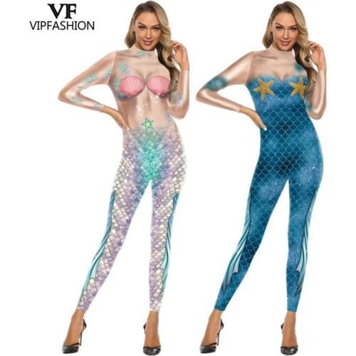 VIP FASHION New Femme Print Mermaid Jumpsuits Party Performance Dance Cosplay Costume Mermaid Costume Zentai Suit Bodysuit