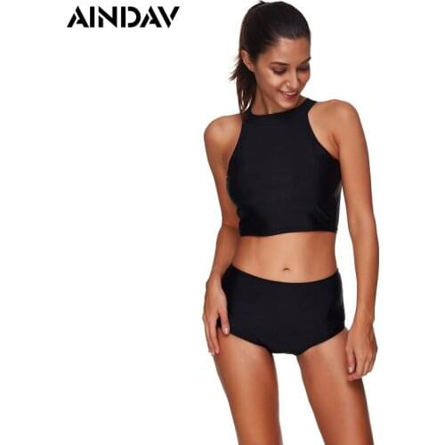 AINDAV Black Sport Plus Size Cropped Bikini Sexy High Waist Bodysuit Swimming Suit Padded Swimwear Female Two-Piece Swimsuit
