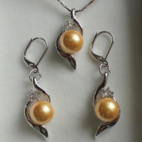 Prett Lovely Womens Wedding perfect match beautiful jewelry set 10mm yellow shell pearl pendant & earring