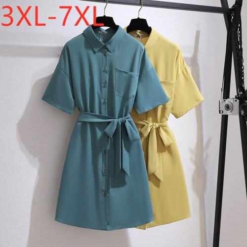 New 2021 Ladies Summer Plus Size Shirt Dress For Women Large Short sleeve Loose Button Blue Belt Mini Dress 3XL 4XL 5XL 6XL 7XL