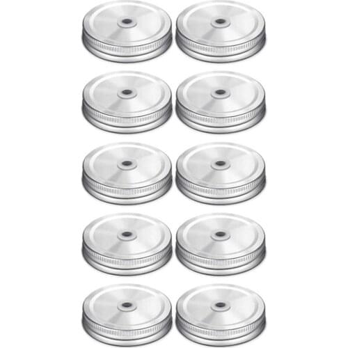 10 Pieces Stainless Steel Regular Mouth Mason Canning Jar Lids With Straw Hole Leak Proof Reusable Mason Silver Jar