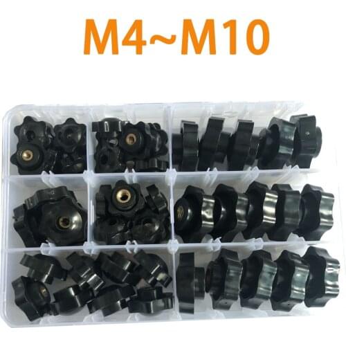 57/51pcs M4 M5 M6 M8 M10 Plum Hand Tighten Nuts Handle Thread Mechanical Black Thumb Nuts Clamping Knob Manual Nuts Assortment