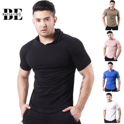 2021 New Short Sleeve Fast Drying Breathable Sports T Shirt Mens Hooded Fitness Suit Outdoor Basketball Running Short Sleeve