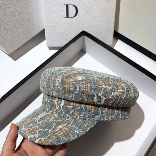 New Spring Autumn Grace Plaid Lace Flower Lady Navy Hat Retro Fashion Octagonal Hats For Women British Cap Casual Hat Chapeu
