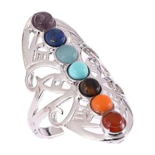 New Fashion Rainbow Stone Opening Rings Hollow Metal Silver Color Men Jewelry Creative Beaded Adjustable Rings for Women