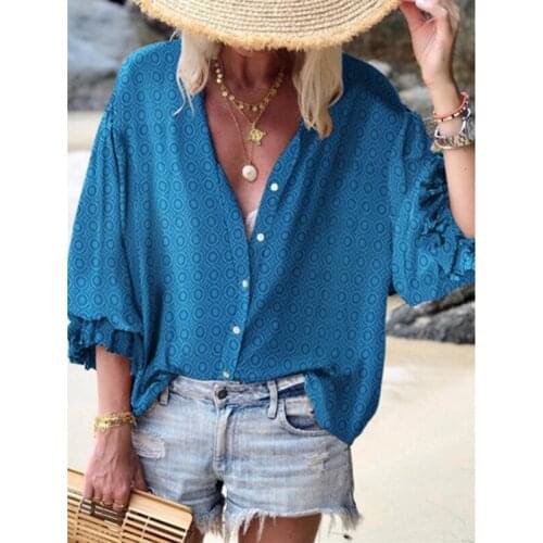 Autumnswomens Loose-end Long-sleeved Printed Shirt V-Neck Polka Dot Red Pink Yellow Green Blue Women Blouses