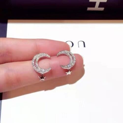 Cute Silver Color Moon Star Stud Earrings with Bling Zircon Stone for Women Fashion Jewelry Korean Earrings