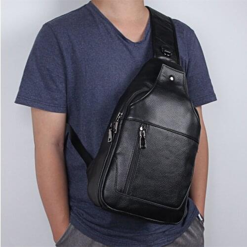Big Capacity Leather Chest Bag Men Real Cowskin Black Chest Packs Leather Sling Bags Single Shoulder Bagpack for male man