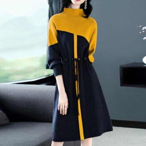 Turtleneck Sweater Dress Autumn Winter Plus Size Knitted Sweater Dresses Women Color Matching Slim Long Elegant Pullovers H161