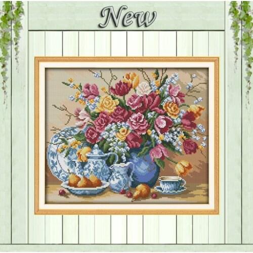 Fruit plate and vase flowers 11CT patterns printed on canvas 14CT needlework diy dmc cross stitch chinese Sets Embroidery kits