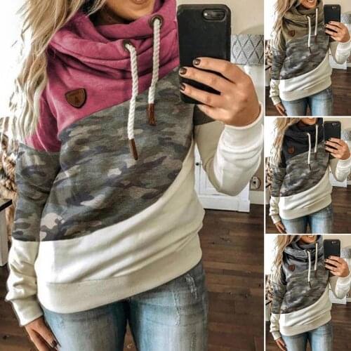 Women Patchwork Hooded Sweatshirt Long Sleeve Camouflage Patchwork Hooded Sweatshirt Autumn Winter Hoodie Pullover Tops Female