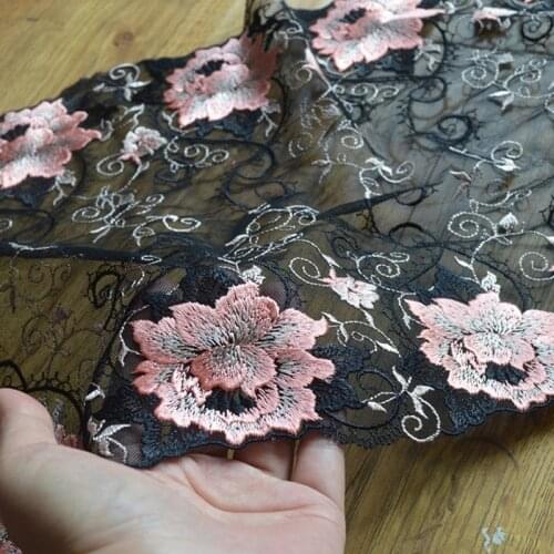 5Meters High Quality Embroidered Lace Trim Black Mesh Net Pink Flowers Polyester Fabric for Top Bra Accessories 30cm Width