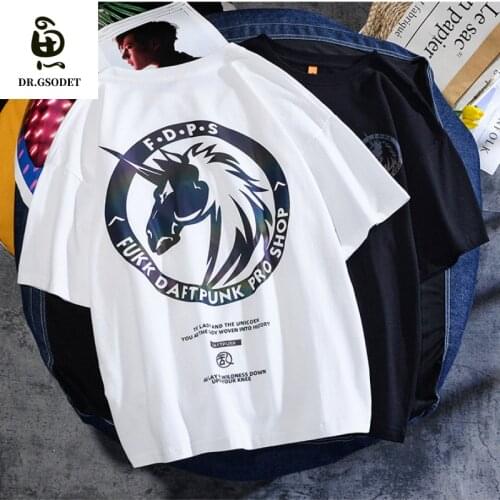 GSODET Summer T-Shirt Couple Cotton Oversize Ins 3M Reflective Unicorn Half-Sleeved Loose Hip-Hop O-Neck Mens and Womens Tops