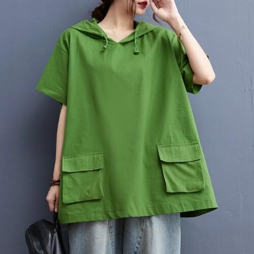 Women Clothing Plus Size Cotton Casual Pockets Pullover Lady Tops 2021 Summer New Oversize Harajuku Hoodies Sweatshirt Tshirts