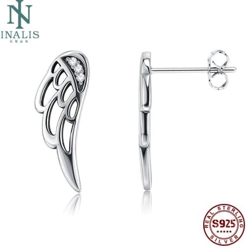 INALIS Genuine 925 Sterling Silver Feather Fairy Wings Stud Earrings For Women Luxury Jewelry Making Ladies Girl Birthday Gift