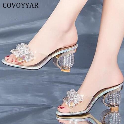 COVOYYAR Crystal Heeled Women Slippers Summer Slides Sandals Woman Shoes Summer Peep Toe Design Lady Mules Pumps WSL145