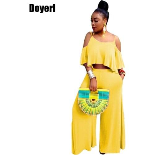 Ruffle Two Piece Set Top and Pants Summer Casual Women Set Festival Loose Wide Leg Long Pants Set Sexy 2 Piece Outfits for Women