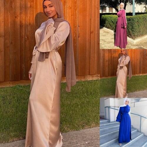 Solid Color Muslim Womens Maxi Dress O-Neck Satin Soft Summer Dresses For Women With Long Sleeve Elegant Dress For Women Summer