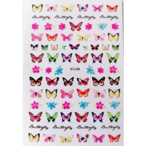 Nail art, blue pink flowers, leaves butterfly 3D transfer sticker, acrylic design, adhesive, manicure slider sticker 1PCS