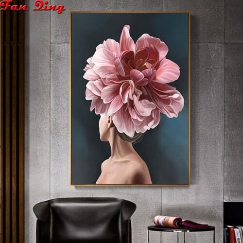 5D DIY Sexy Women Pink Flower Diamond Painting Beauty Girl Abstract Figure Mosaic Wall Art For Living Room
