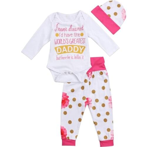 Newborn Infant Baby Girls Floral Bodysuit Tops +Polka Dot Pants +Hat 3pcs Outfits Set Clothes Size 0-24M