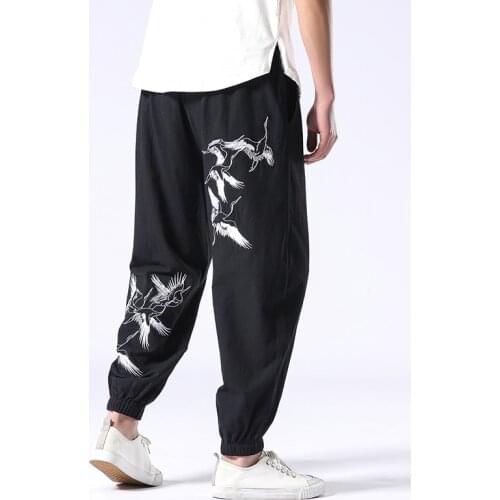 Chinese Style Harem Pants for Men Elastic Wiast Trousers Autumn New Crane Embroidery Pure Cotton Casual Pant Oversize 4XL/5XL