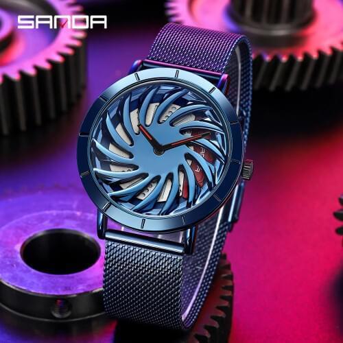 SANDA Top Brand Luxury Mens Watches Fashion Car Wheel Rotating Dial Watch Waterproof Quartz Wrist Watch Relogio Masculino P1056