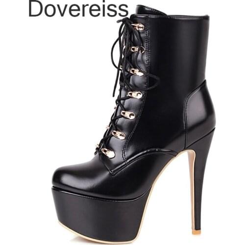 Dovereiss Fashion Womens Shoes Winter Sexy Clear Heels Boots Pure Color Red White Platform Zipper Mature Ankle Boots 47 48