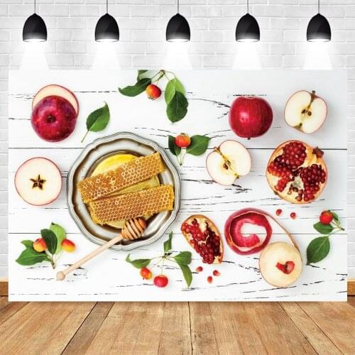 Jewish New Year Background Rosh Hashanah Pomegranate Honey Wood Board Photography Backdrop Photo Shoot Studio Banner Poster