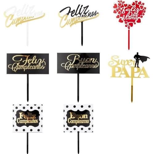 Italian Spanish Happy Birthday Acrylic Cake Topper Golden Love Cake Topper For Birthday Wedding Party Cake Baking Decoration