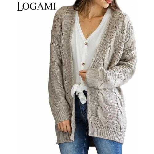 LOGAMI Long Cardigan Women Autumn Winter Knitted Sweater Casual Womens Sweaters Coat