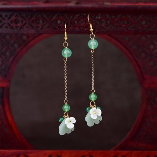 Classic Ethnic Earrings Temperament Long Tassel Dangle Earrings For Women Vintage Fashion Green Jade Glass White Flower Earrings