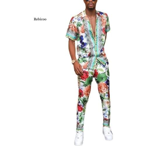 Summer Mens Suit Casual Loose Print Short-Sleeved Shirt + Trousers 2-Piece Set Mens Clothes Streetwear Suits