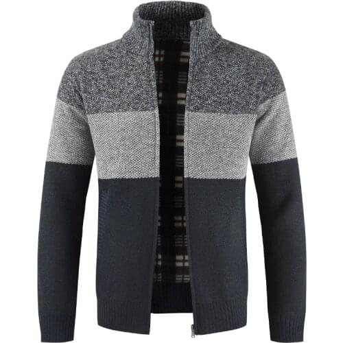 Fashion mens knit jacket Autumn Winter mens Cotton thick warm Stand collar coat Cardigan male stripe splice zipper outwear Tops
