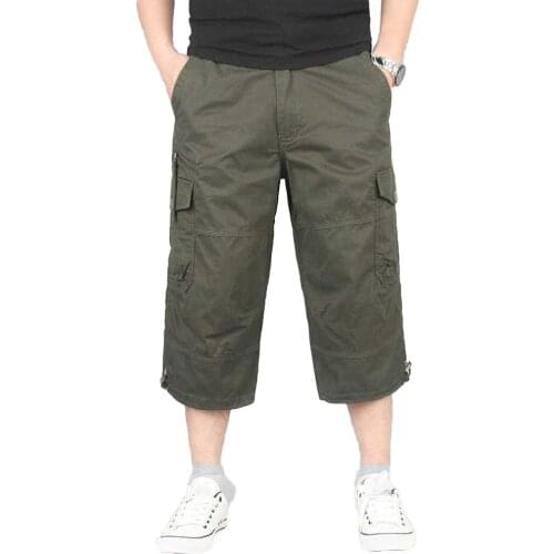 Men Solid Color Breathable Pocket Loose Straight Capri Cropped Pants Trousers