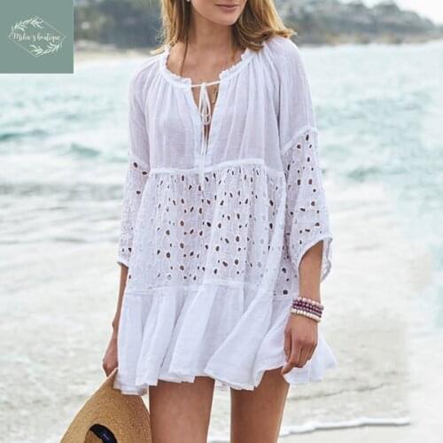 2021 new arrival hollow-out broidery lace sexy deep-V collar white feminine blouse flounce lace elegant white beach wear loose