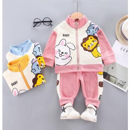 New Autumn Spring Baby Girls Clothes Sets Kids Infant Cute Cartoon Animal Cotton 2-Pcs Outfits Toddler Boys Clothing Coat+Pants