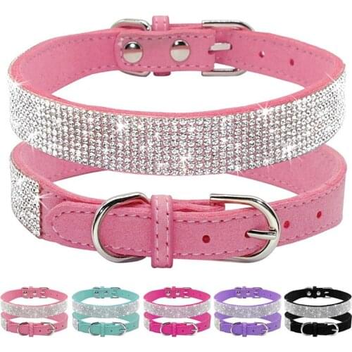Bling Bowknot Suede Leather Rhinestone Dog Collar and Leash Set Pet Puppy Cat Chihuahua Collars For Small Medium Dogs Cats Pink