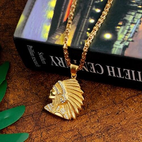 OUMI Mens Stainless Steel Gold Indian Head Pendant Necklace Daily Wear Jewelry (3mm)