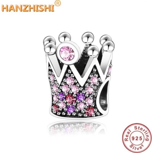 925 Sterling Silver Beads with Pink Purple Zircon Crown Charm Fit Original pandora Charm Bracelet Jewelry Making Berloque 2018