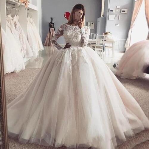 Puffy Tulle Long Sleeves A Line Wedding Dress 2021 Lace Appliques 3D Flowers Pearls White Bridal Gown Custom Made Robe De Mariee