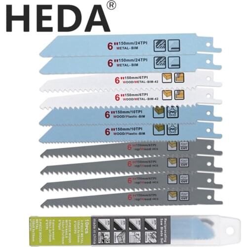 HEDA 10PCS/Set 150mm/6 Inch HCS Bim Reciprocating Saw Blades Cutting Saber Saw For Wood With Nail Plastic Cast Iron PVC