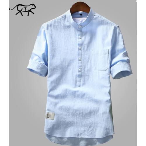 New Arrival Mens Shirts Fashion Summer Half Sleeve Shirts For Men Cotton Stand Collar Shirts Men Luxury Brand Clothing Hombre