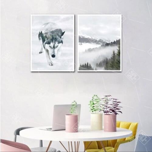 Nordic Siberian Animal Canvas Painting Husky Wolf Portrait Posters and Prints Snowscape Forest Wall Art Picture For Living Room